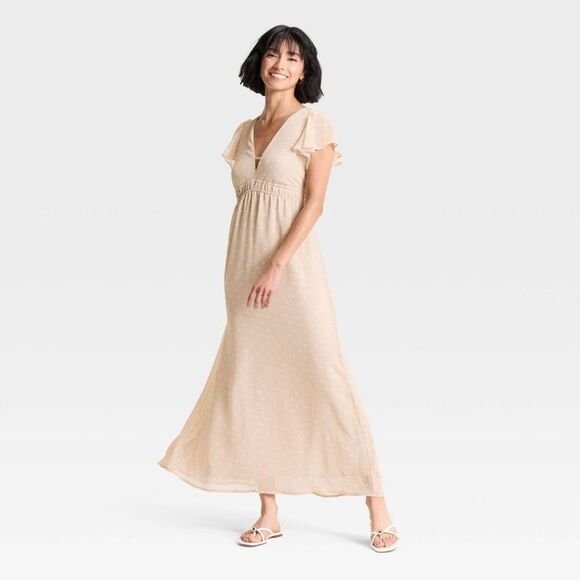 A New Day - Women's Dolman Short Sleeve Maxi A-Line Dress - A  Brown/Cream - Picture 1 of 3